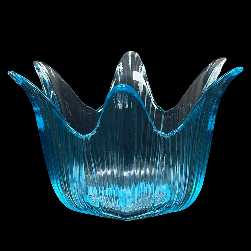 Vintage Blue Ribbed Glass Starburst Tulip Bowl Candy Dish Mid Century Modern‎